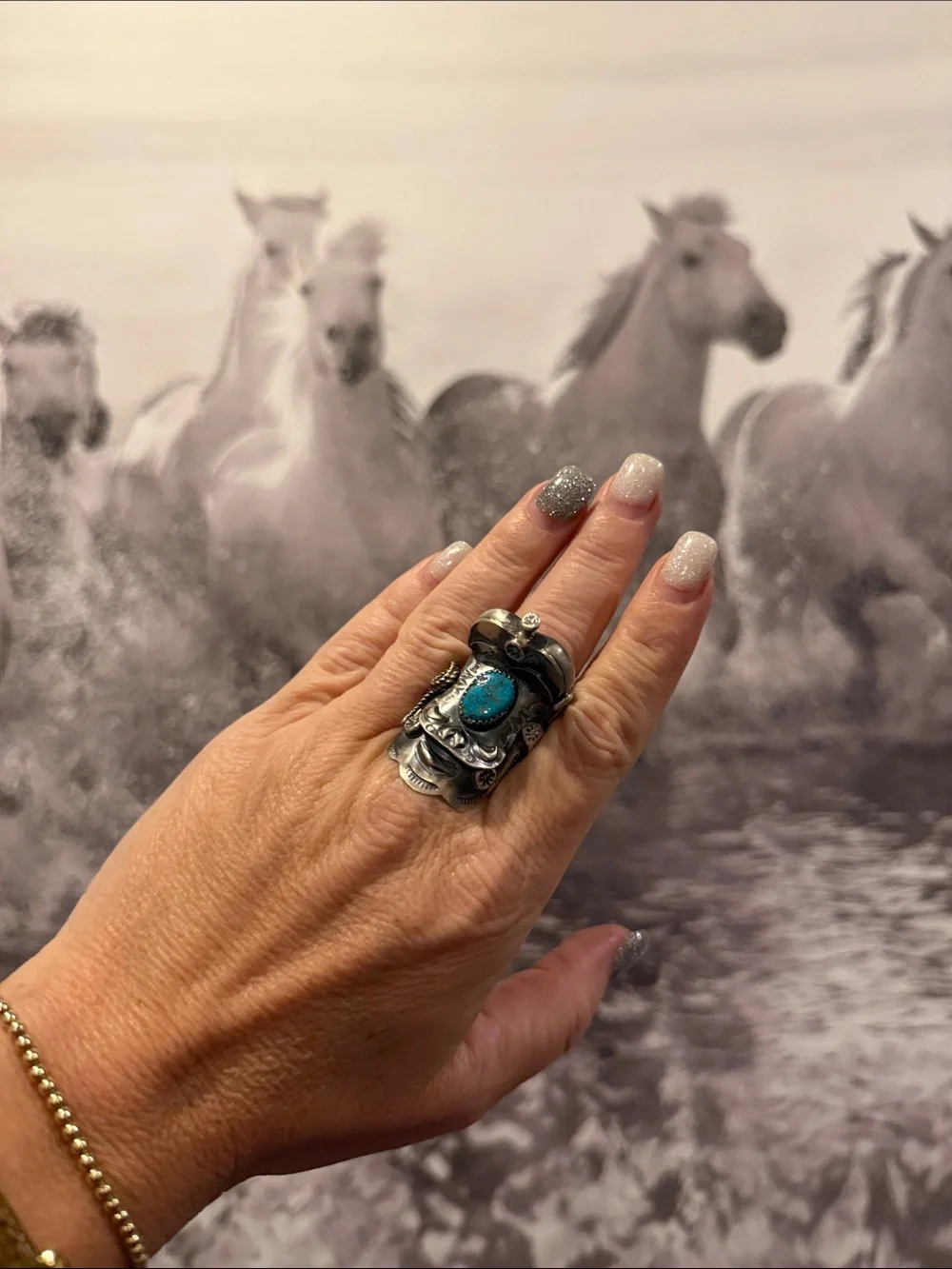 Tim Yazzie Turquoise Sterling Saddle Ring Sz 8 - Picture 3 of 9